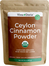 Viva Doria Organic Ceylon Cinnamon Powder bottle, highlighting rich aroma for baking and beverages.