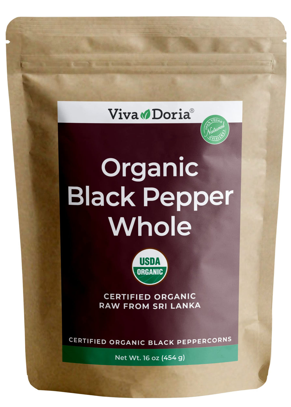 Viva Doria organic Ceylon peppercorns in a resealable bag for fresh flavor