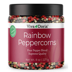 Viva Doria Rainbow peppercorns in a reclosable jar for easy refills.