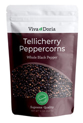 Viva Doria Tellicherry peppercorns in a resealable bag delivering rich aroma for marinades.