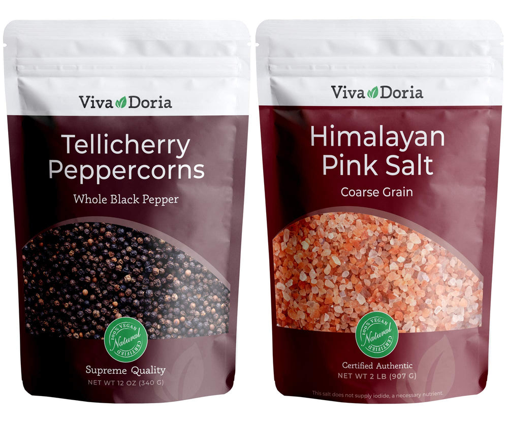 Viva Doria Tellicherry peppercorns bag close-up for bold marinade aroma.