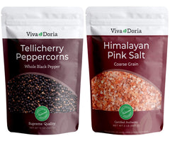 Viva Doria Tellicherry peppercorns bag close-up for bold marinade aroma.