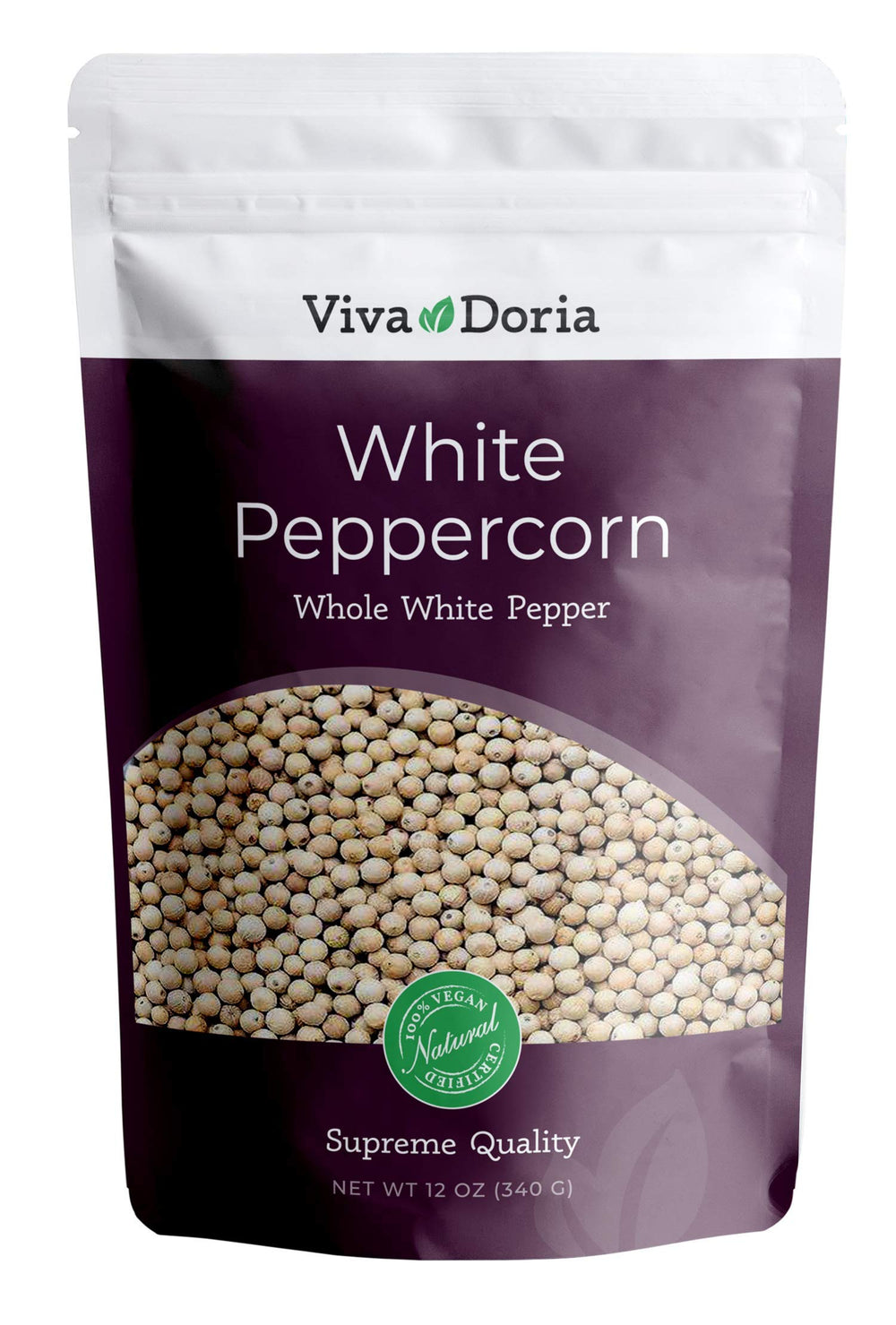 Viva Doria white peppercorn bottle pour for convenient grinder refill.
