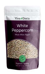 Viva Doria white peppercorns ready for grinder refill, delivering milder heat and citrus notes.