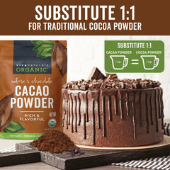 Viva Naturals Organic Cacao Powder in a baking dish ready for rich chocolate recipes.