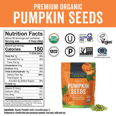 Viva Naturals pumpkin seeds in a bowl, perfect protein boost for meals.