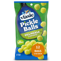 Vlasic Pickle Balls dill-pickle corn puffs; crunchy on-the-go snack for pickle lovers.