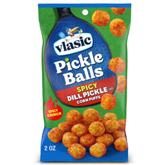 Vlasic Pickle Balls spicy dill corn puffs in a resealed bag, ideal on-the-go snacking.