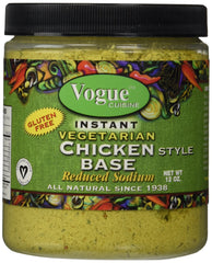 Vogue Cuisine Vegetarian Chicken Base jar displayed on a kitchen counter showing ready-to-use packaging.