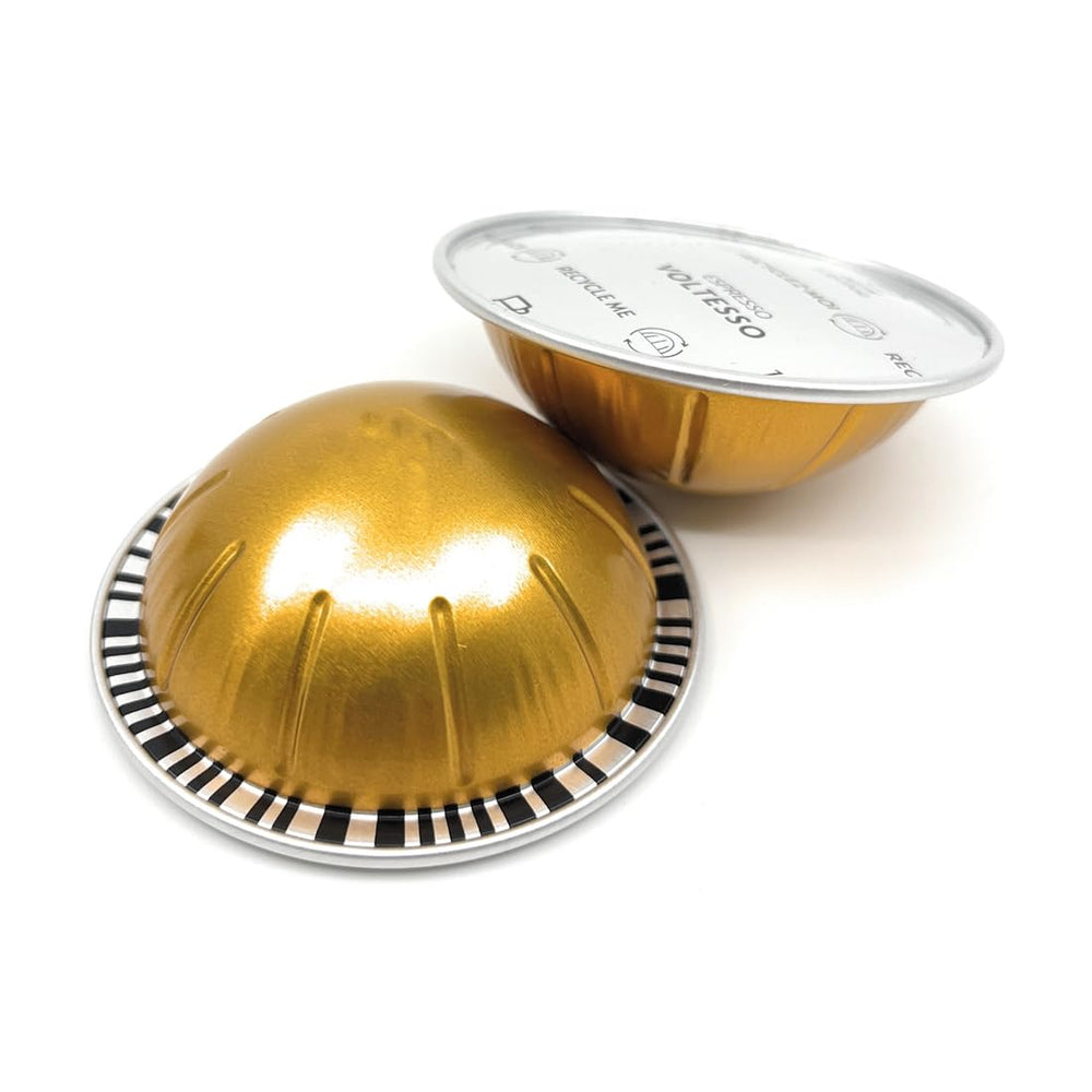 Voltesso ristretto espresso pods in packaging, delivering a light, sweet brew.
