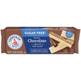 Voortman Sugar Free Chocolate Wafers box front, family-friendly snack option.