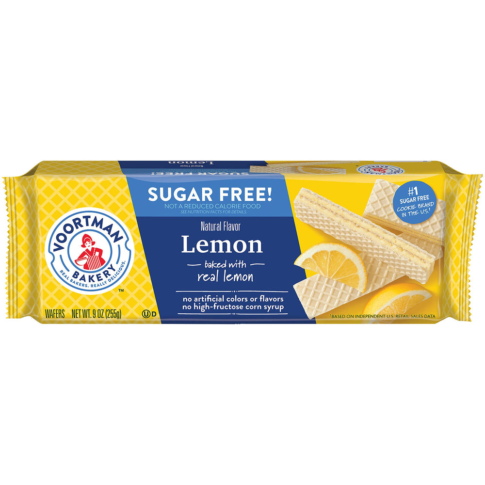 Voortman sugar free lemon wafers pack front view with zesty citrus flavor for a light snack