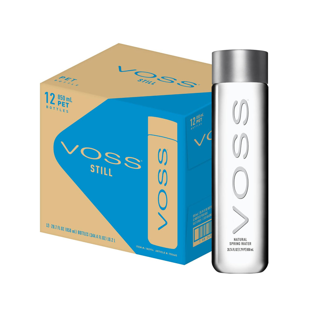 VOSS premium still water bottle pour shows crisp, refreshing taste in a sleek package