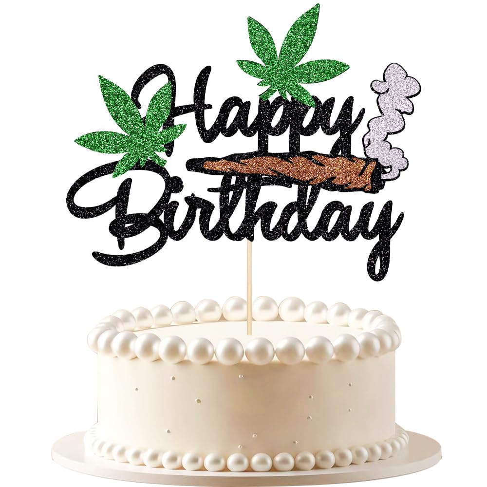 VQOUZVSR Happy Birthday cake topper in black glitter weed leaf for festive celebrations.