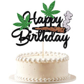 VQOUZVSR Happy Birthday cake topper in black glitter weed leaf for festive celebrations.