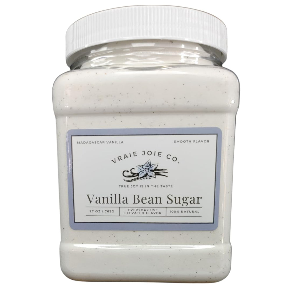 Vraie Joie Co organic Madagascar vanilla sugar jar adds rich aroma to desserts.