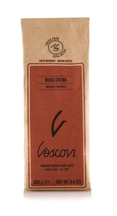 V Vescovi Moka Crema packaging emphasizes premium Italian espresso grounds and authenticity.