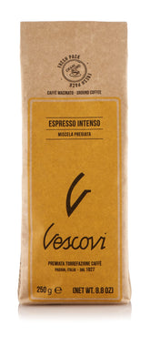 V Vescovi Espresso Intenso packaging showcases premium Italian ground coffee for home brewing