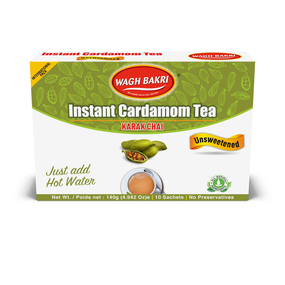 Wagh Bakri Instant Cardamom Tea front pack offering convenient unsweetened flavor for daily use.