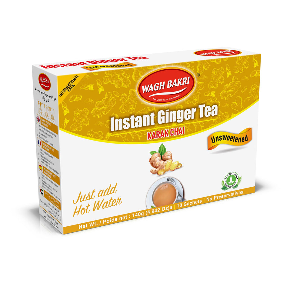 Wagh Bakri instant ginger tea packaging shows sachets for quick unsweetened brewing.
