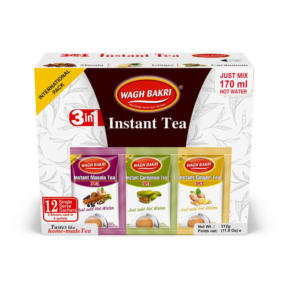 Wagh Bakri instant tea premix pack shot with twelve sachets in carton