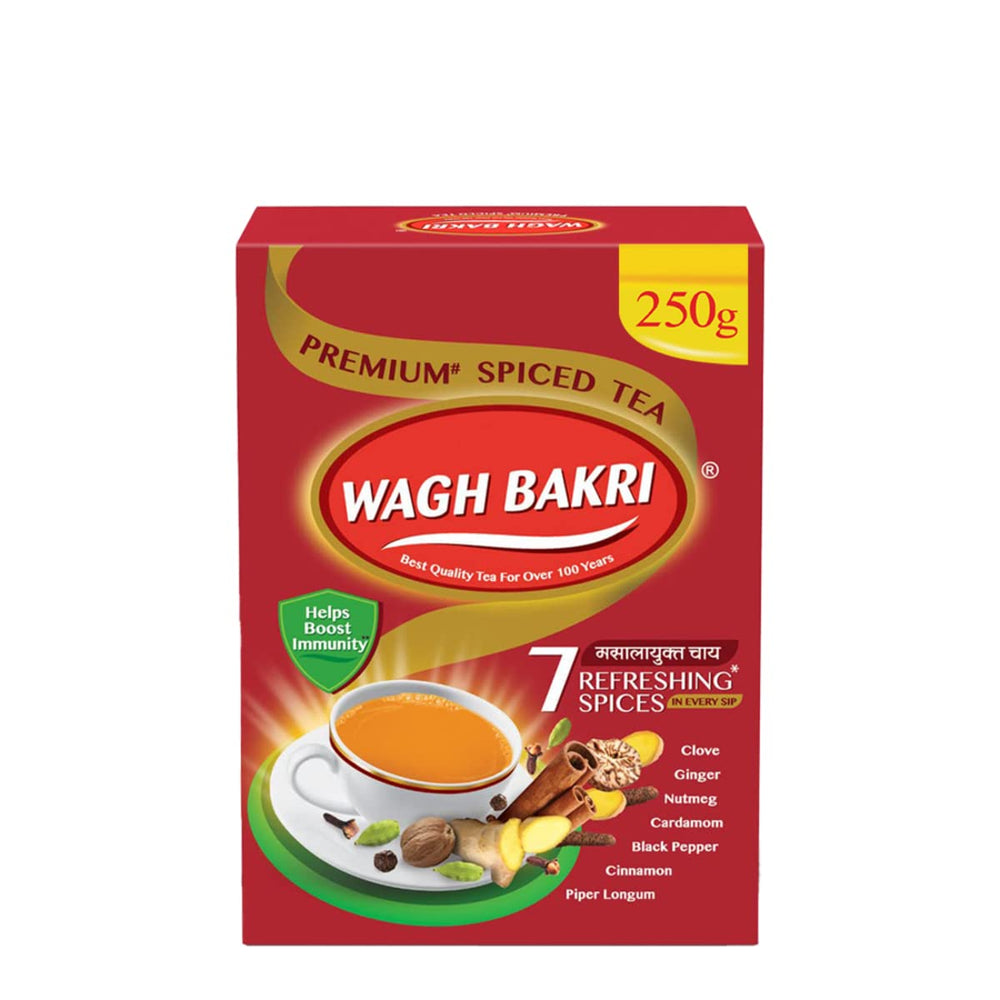 Wagh Bakri Masala Chai 250g pack ready for cozy home brewing.