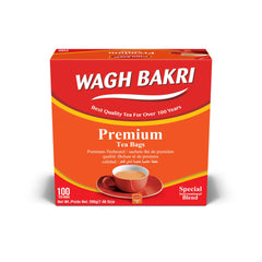 Wagh Bakri premium tea bags packaging highlighting the international blend for everyday tea.