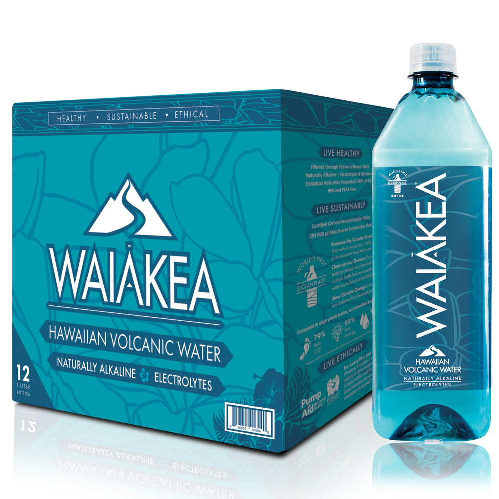 Waiakea Hawaiian volcanic water bottle 1L with natural alkalinity for hydration.