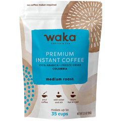 Waka Instant Coffee Medium Roast bag shows compact packaging for travel and home