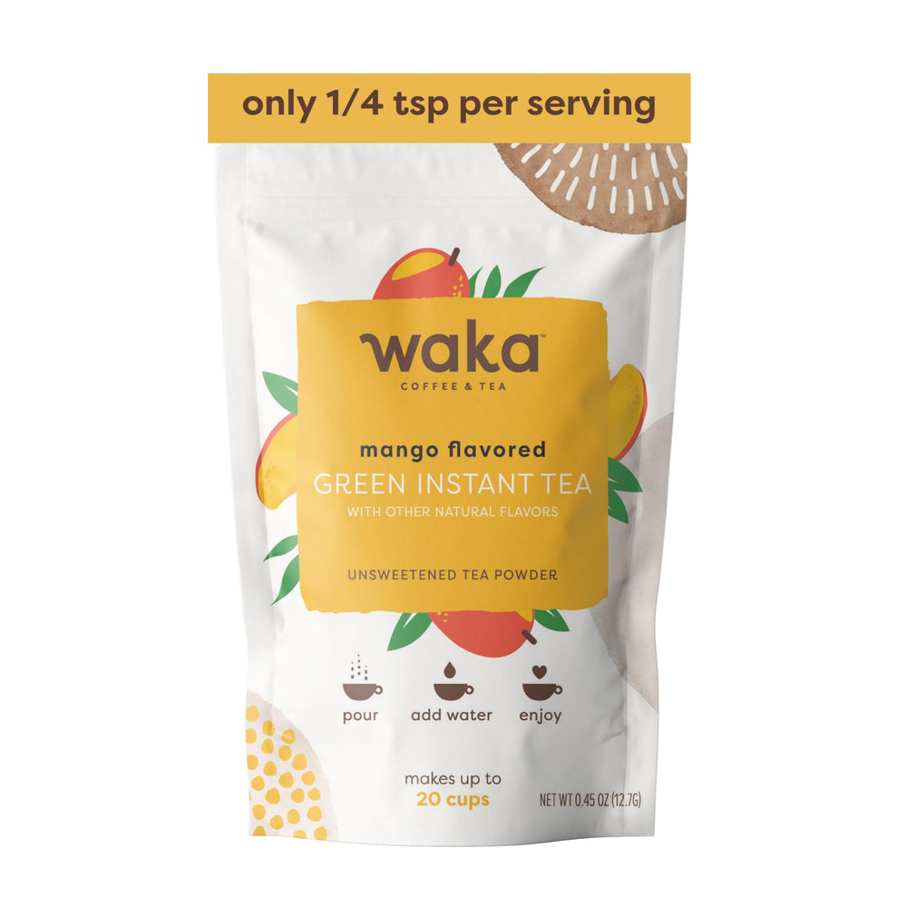 Waka Instant Green Tea Mango powder dissolves quickly for hot or iced drinks.