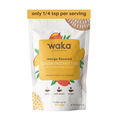 Waka Instant Green Tea Mango powder dissolves quickly for hot or iced drinks.