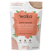 Waka Instant Green Tea Peach pouch close-up showing pure leaves