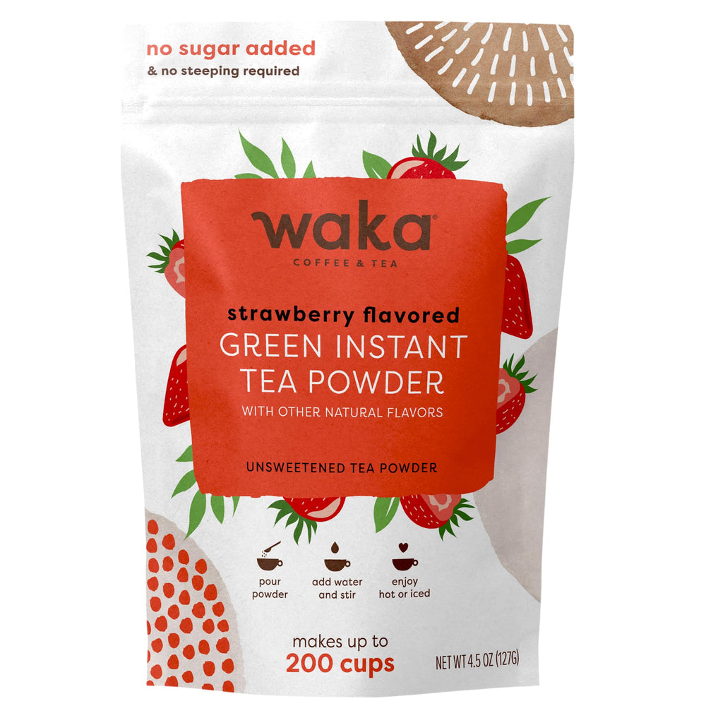 Waka Instant Green Tea Strawberry powder ready to mix for quick hot or iced drinks.