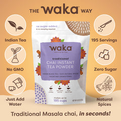 Waka Traditional Chai Tea Powder Mix cup steaming demonstrates ready-to-enjoy chai in seconds.