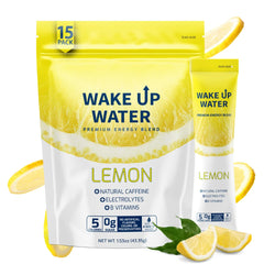 Wake Up Water lemon powder bottle ready to mix for hydrated energy.