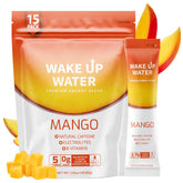 Wake Up Water Mango packet poured into a glass for crisp hydration.