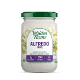 Walden Farms Alfredo sauce bottle on counter for zero-calorie meals.