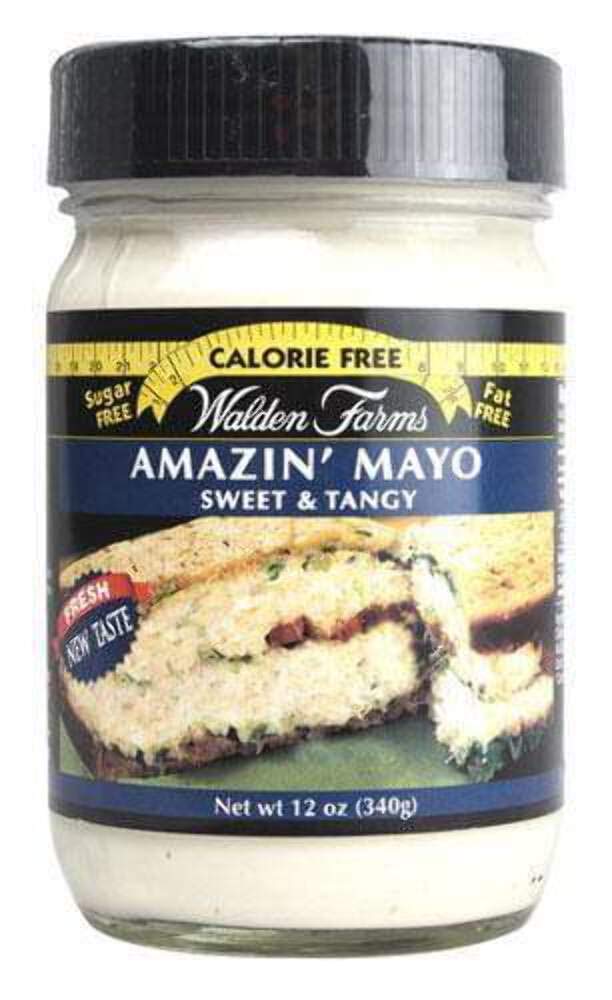 Walden Farms Amazin’ Mayo jar close-up, creamy zero-calorie mayo substitute for sandwiches and salads.