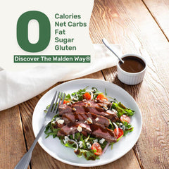 Walden Farms Balsamic Vinaigrette pour demonstrates rich drizzle with zero calories.