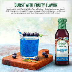 Walden Farms Blueberry Syrup bottle close-up highlights zero calories.