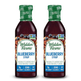 Walden Farms Blueberry Syrup bottle pour on pancakes, zero calories.