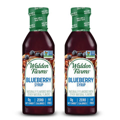 Walden Farms Blueberry Syrup bottle pour on pancakes, zero calories.