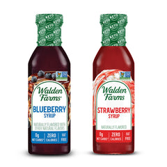 Walden Farms Blueberry Syrup is poured over pancakes with no calories.