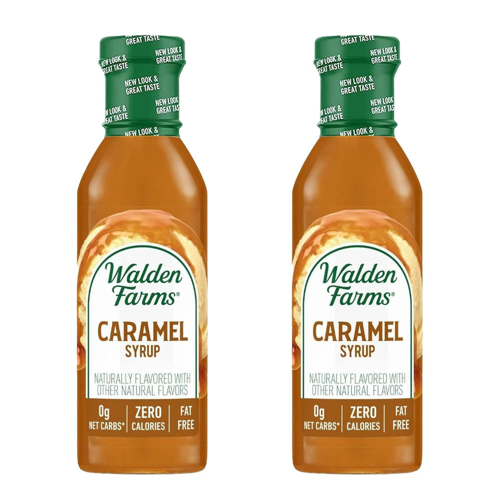 Walden Farms Caramel Syrup two-pack bottles ready for use in the kitchen.