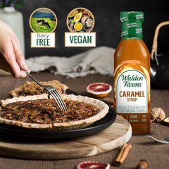Walden Farms Caramel Syrup as a dessert topping on a plate.