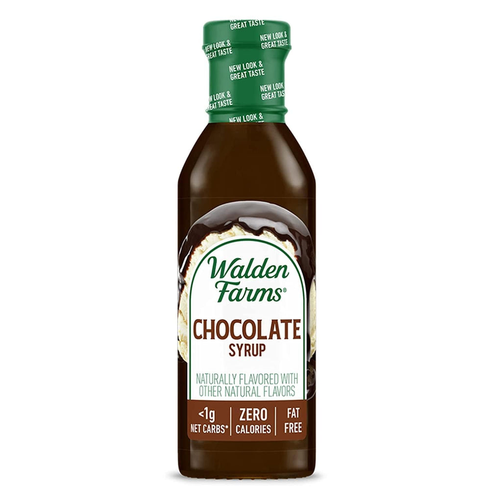 Walden Farms chocolate syrup bottle, zero calories and sugar-free, ideal for guilt-free dessert topping.