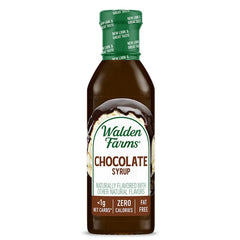 Walden Farms chocolate syrup bottle, zero calories and sugar-free, ideal for guilt-free dessert topping.