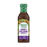 Walden Farms Honey Balsamic Vinaigrette bottle emphasizing zero calories and vegan-friendly formula.