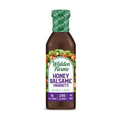Walden Farms Honey Balsamic Vinaigrette bottle emphasizing zero calories and vegan-friendly formula.