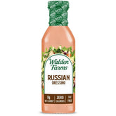 Walden Farms Russian Dressing bottle beside a fresh salad, zero calories.